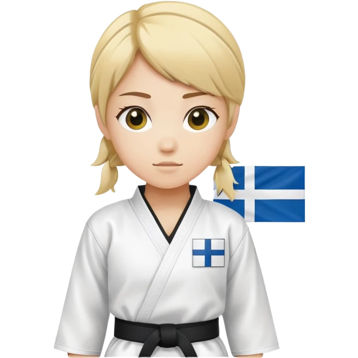 A girl in taekwondo uniform with two yellow strips on the black belt and left chest a finland flag. emoji