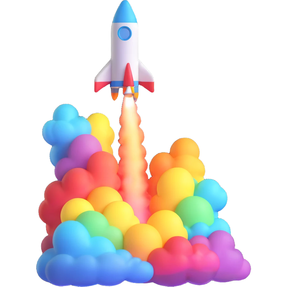 a rocket launching with rainbow smoke, 3D emoji style emoji