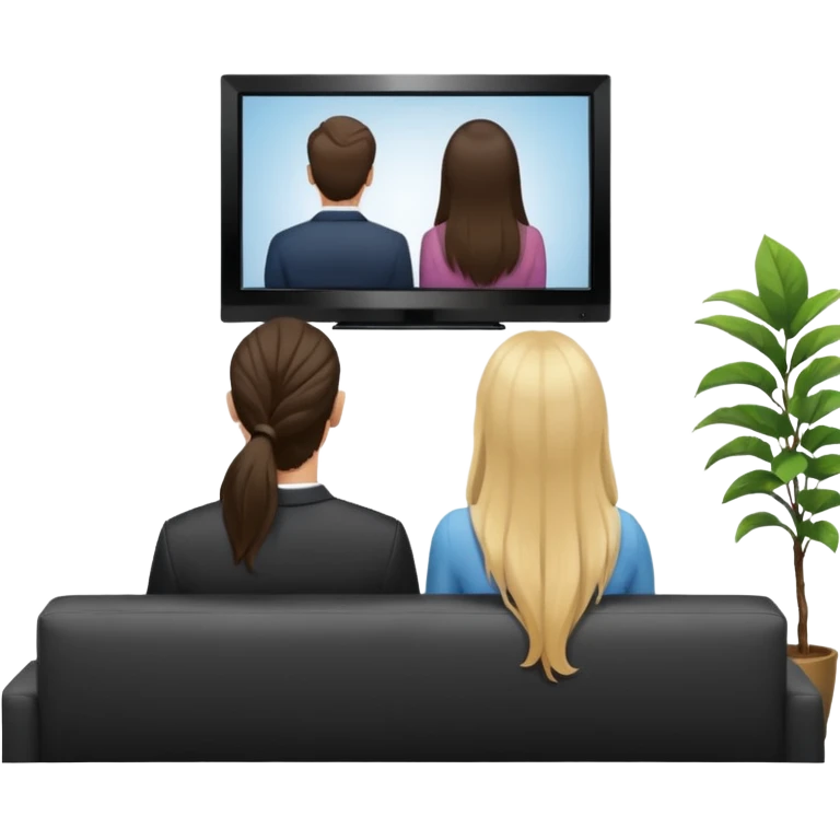 A man and a women long hir  photographed from behind, sitting on a sofa and watching the news on TV on a modern flat screen. The setting is a living room. emoji