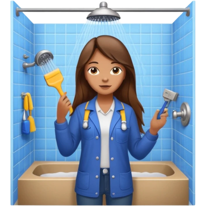 beautiful girl with long brown hair constructing new bathroom area with new shower and amenities  emoji