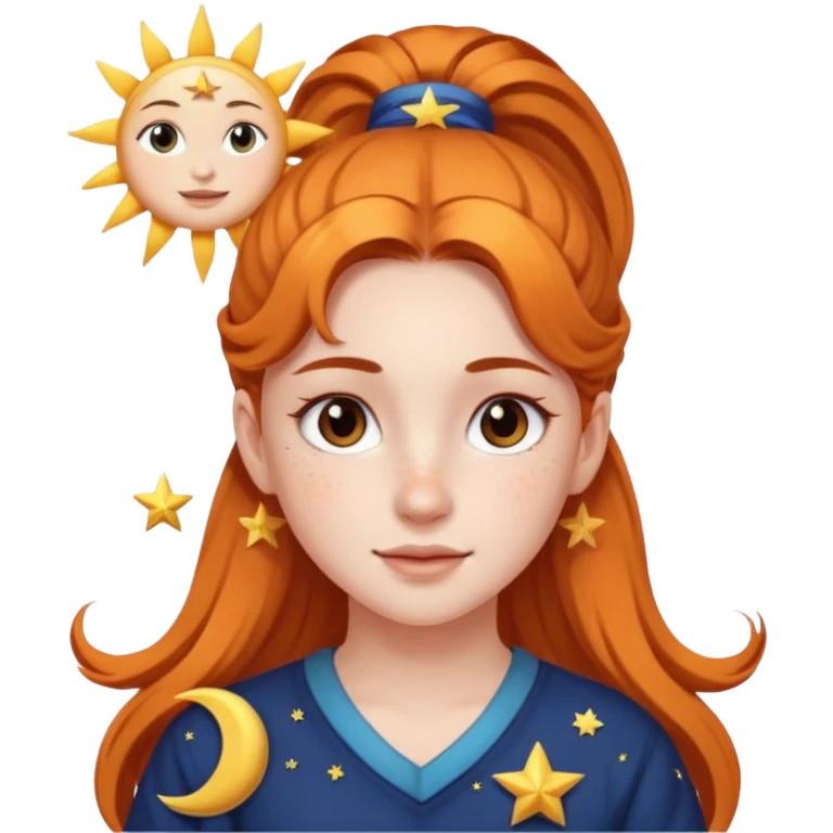 ponytailed girl, sun, moon, star emoji