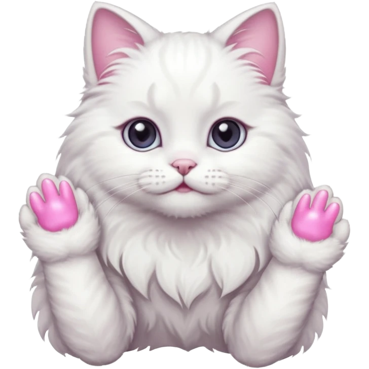 white cat fluffy paw, view from the top, pink nails, cute emoji