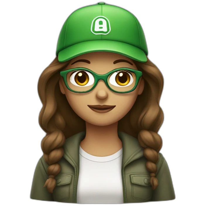 Brown haired girl with green cap and glasses emoji