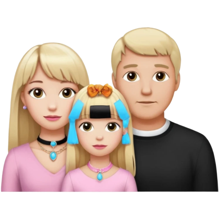 a family of three. daughter, mom and dad. long elegant blonde hair with bangs. almost female blonde boy femboy trap t-girl cute feminine makeup gay lingerie. skinny  body.   pink choker. whore hoop earrings. emoji