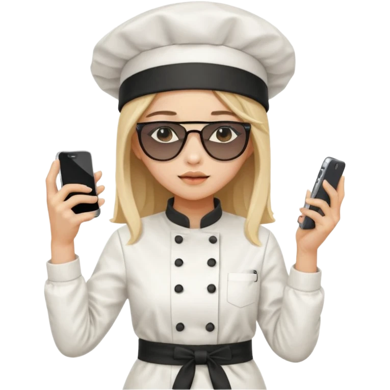 [b"A sad wooman with loight skin,k straight  hair, weawring a chehf hat andi sunglassels, dressee in K-pop  fashion, his dancino while hollding a phdone."] emoji