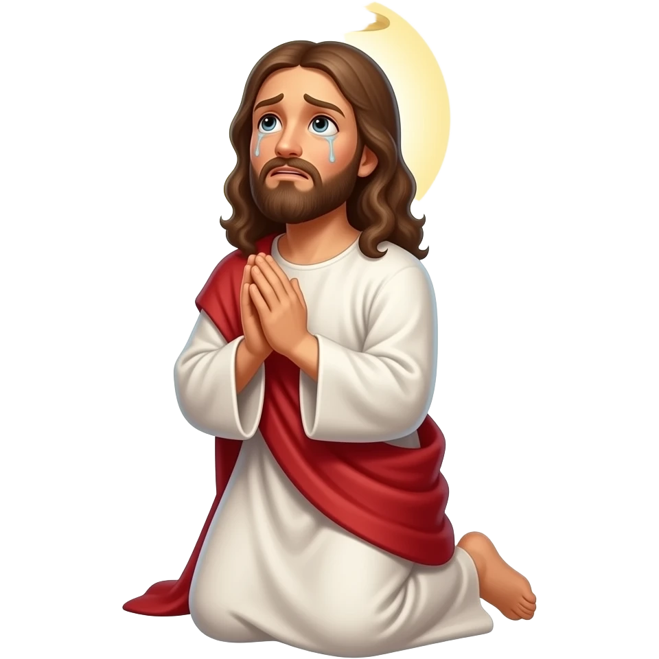 Jesus with a halo looking up worried with tears and praying on his knees to God emoji
