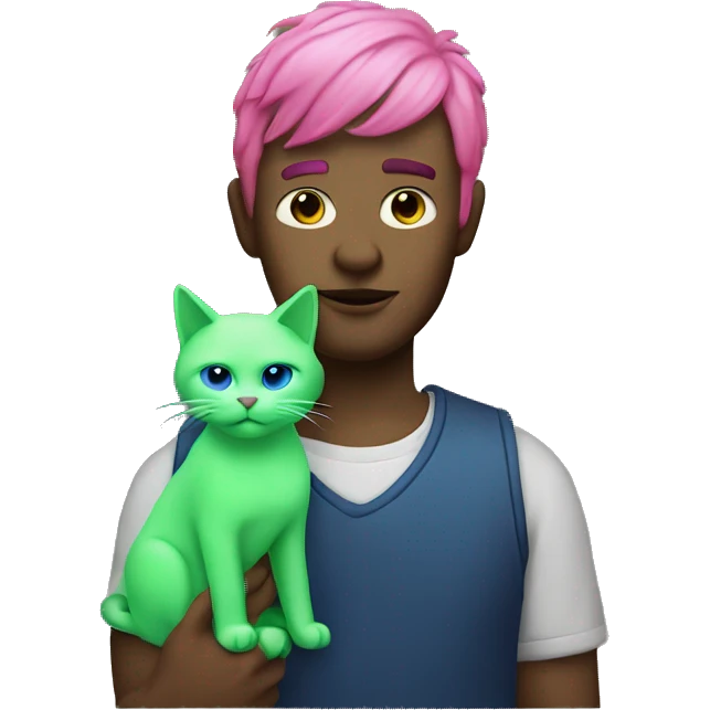 Man with pink hair and blue skin holding a cat that’s neon green emoji