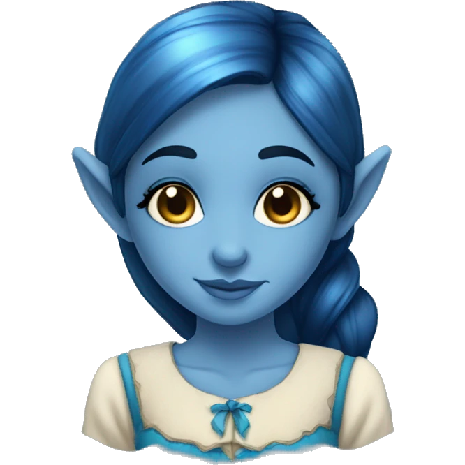 A beautiful blue skinned elf girl who has dark blue hair that shines. She has freckles on her nose and wears a cottage dress. emoji