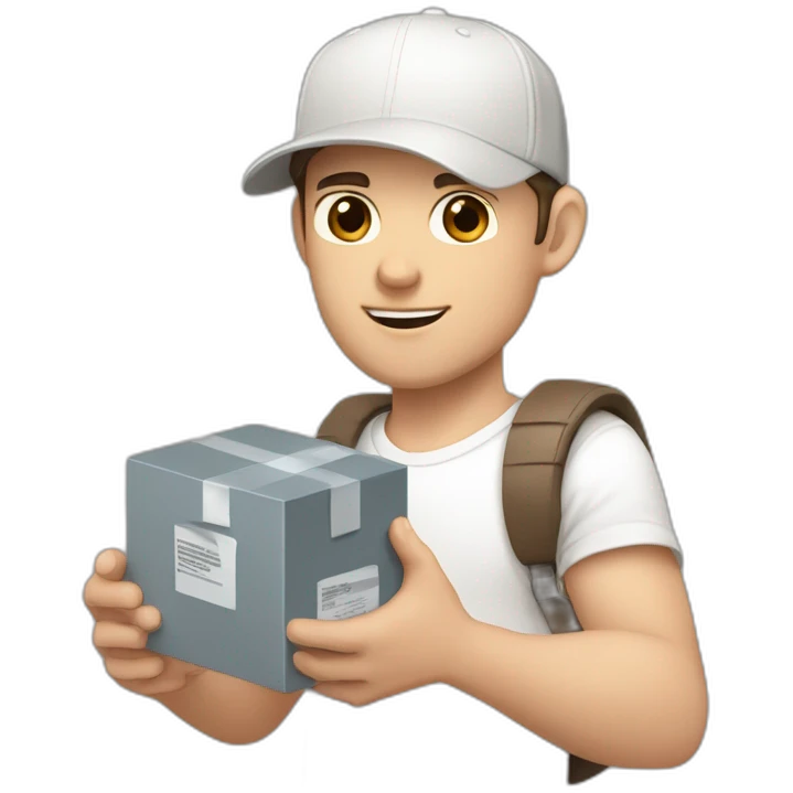 Pale skinned fit Man with dark brown hair in a white cap, gray jeans and beige polo T-shirt keeping a pasted box into his hands emoji