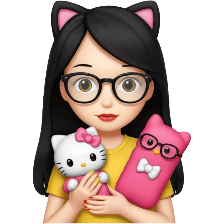 Nails cute with hello kitty wear glasses black long  hair, wear yellow shirt , red nails , big hello kitty emoji