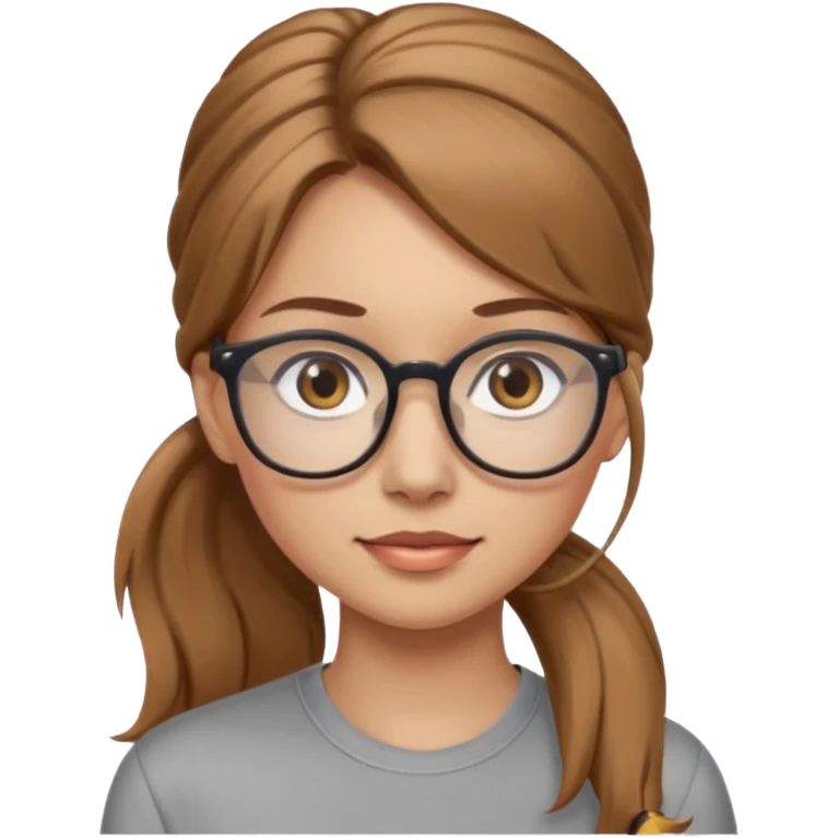 Thin woman with long light brown hair in pony tail light brown glasses and grey eyes emoji