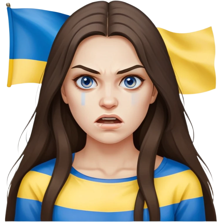 Brunette woman with long hair, Ukrainian flag (blue and yellow) painted on her cheek, angry expression emoji