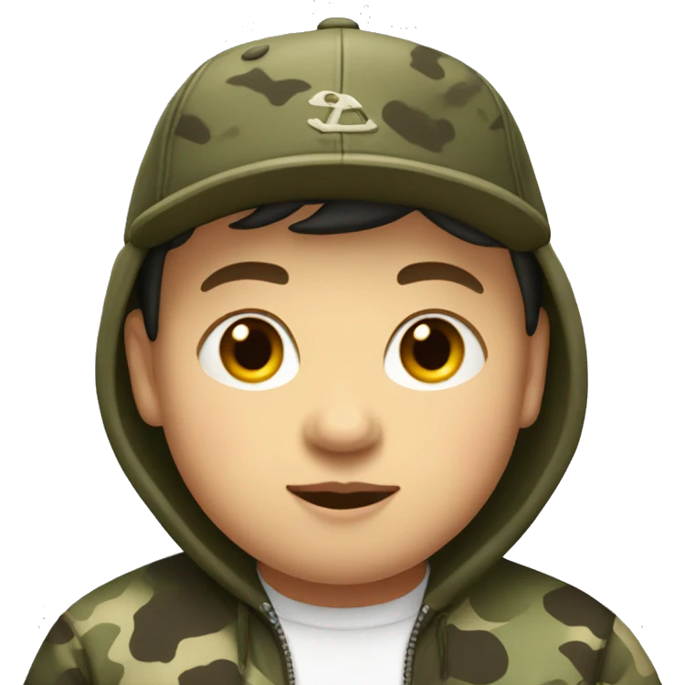 A boy with short hair, a hoodie, a baseball cap hat on that's camo, a little chubby emoji