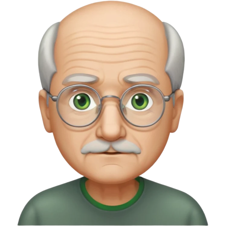 Old man with receding hair, grey hair only on the sides, green eyes, rectangular reading glasses, rounded face emoji