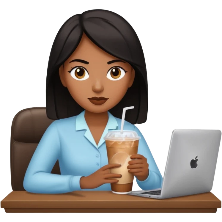 컴퓨터 작업 중 + 아이스 아메리카노(테이크아웃 잔)링거 + 다크서클 + 검은머리 여성 emoji