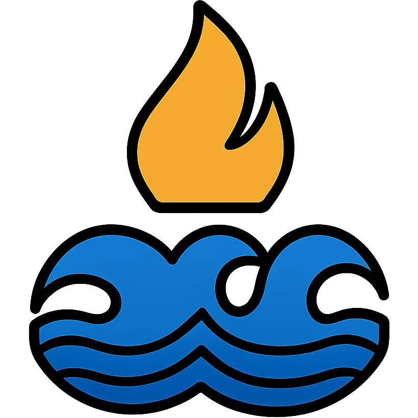 emblem of South Pars Gas Complex combining flame and sea wave, blue, gold and white colors, symbolic and simple style, no text emoji