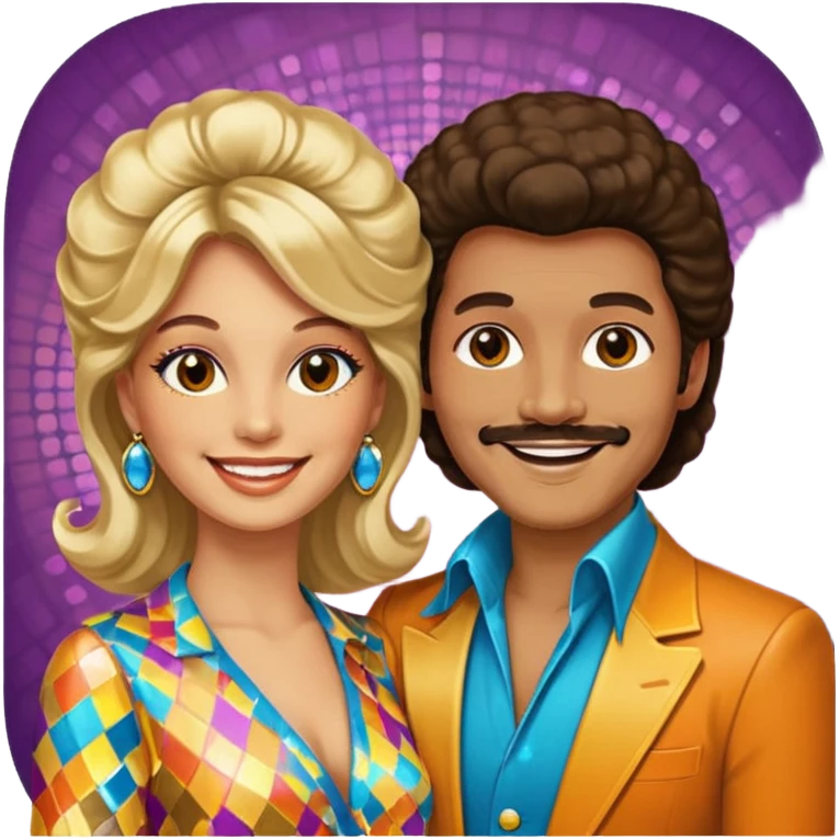 hombre y mujer bailando con ropa de disco de los 70s emoji