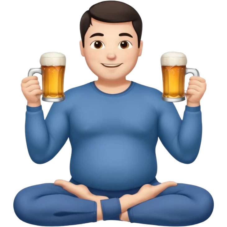 big white guy sitting in yoga pose, winter dressed, short dark hair, holding beer mugs in two hands, sitting emoji