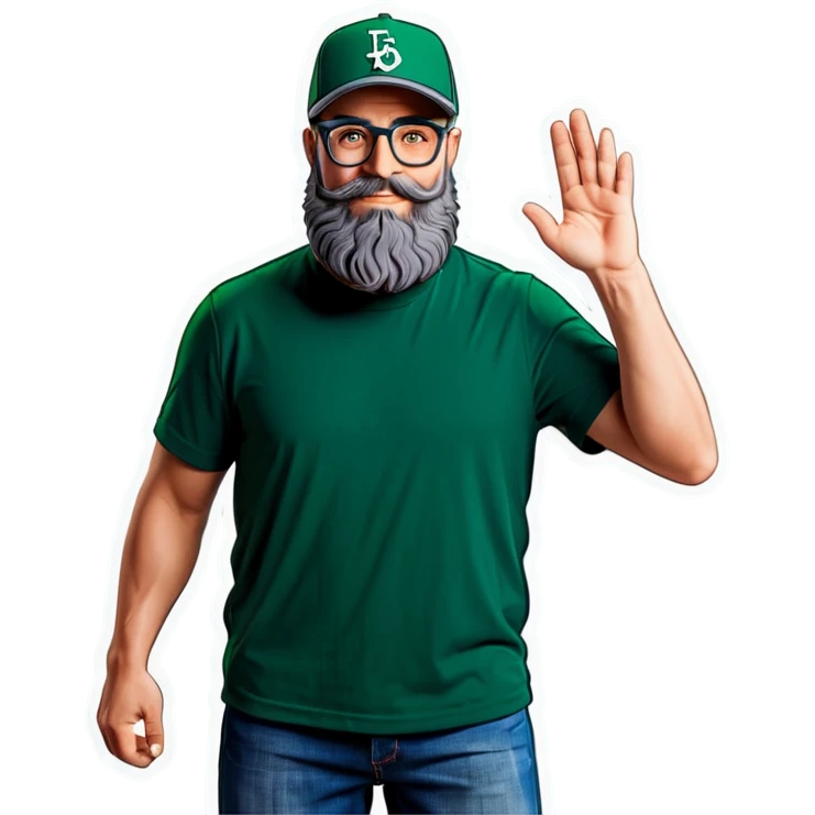 A bold man with a grey baseball cap, green eyes, big beard and glasses, waving  emoji