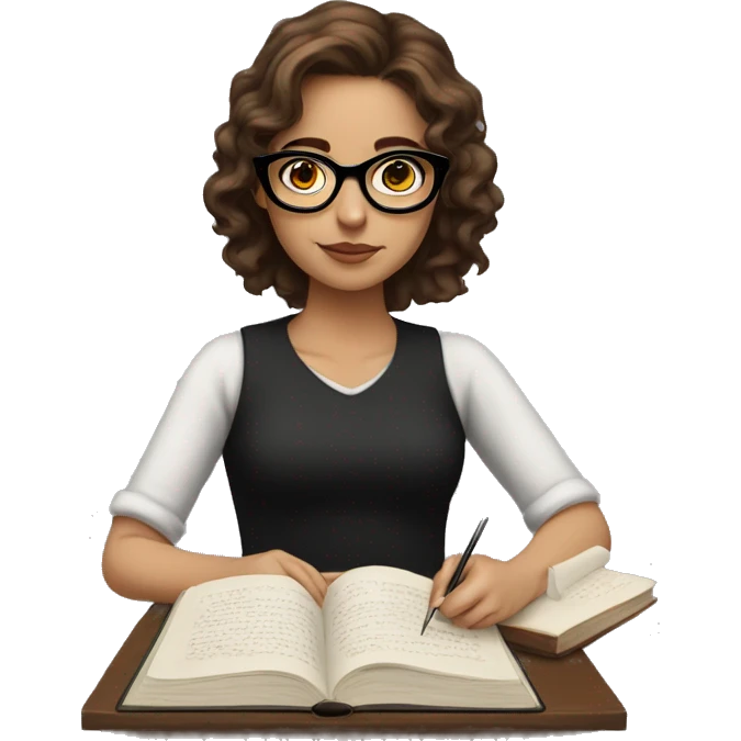 A girl with brown hair and black glasses writting a novel emoji