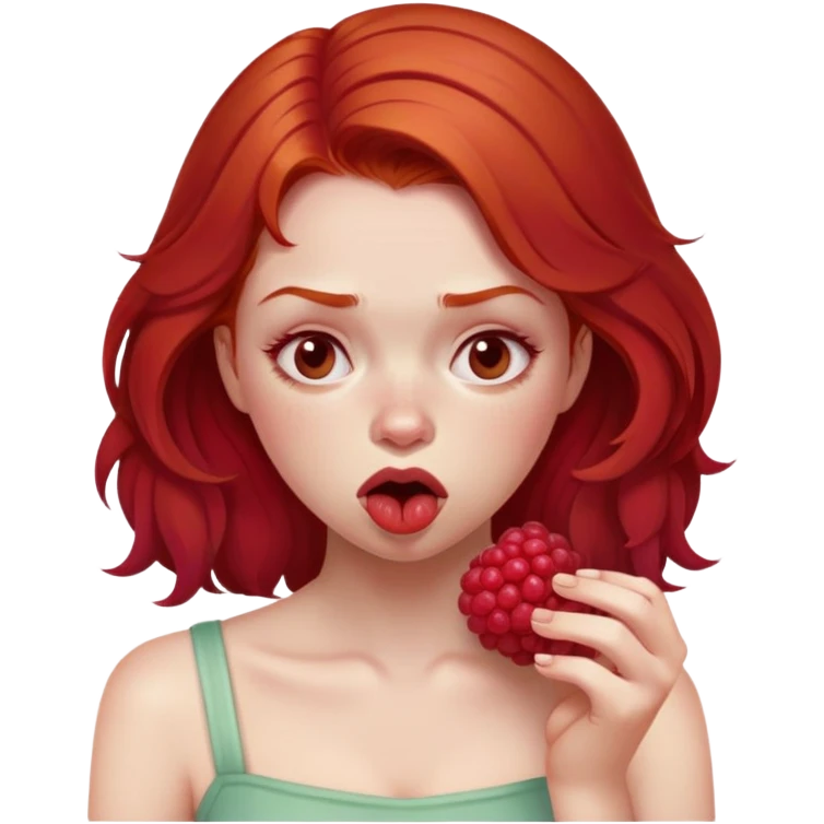 redhead girl with a displeased face eating raspberries emoji