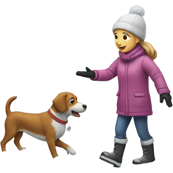 Girl playing with dog in snow with snowman nearby emoji