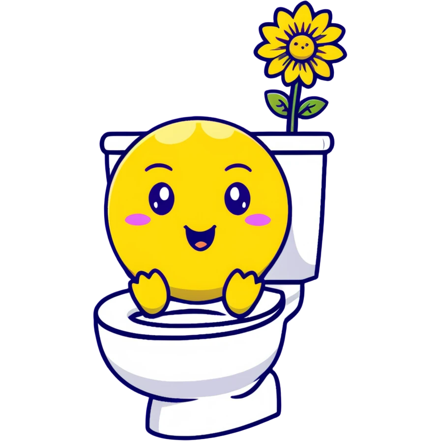 lemon yellow dandelion flower with a shocked face, sitting on a toilet with swirls in the eyes, soft colors, chibi expression emoji