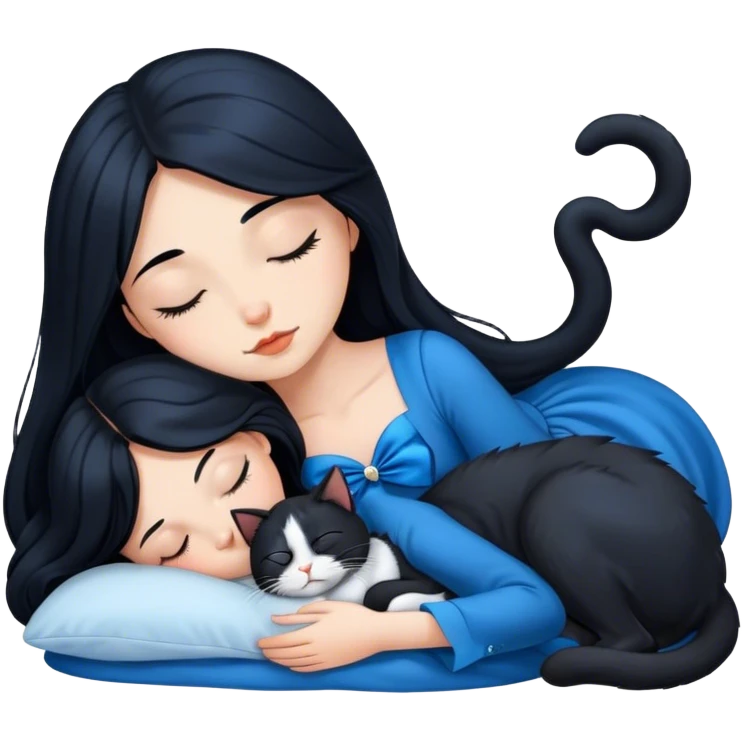 beautiful long Black hair girl, wearing blue dress. sleeping next to a tuxedo cat emoji
