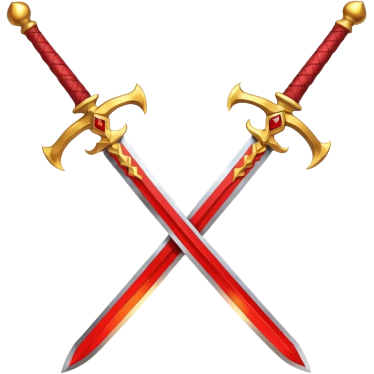 Two crossed swords that are golden in blade and handle and have fiery and royal appearence to them as well as red gem stones yellow in color emoji