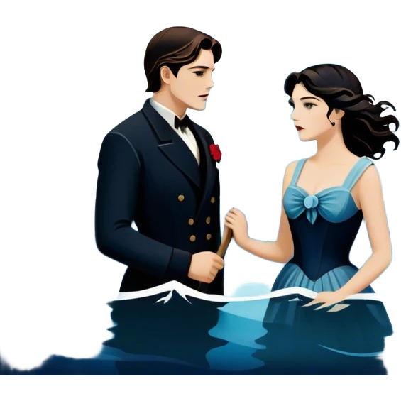 Icon for Titanic Movie: A vintage movie poster-style design featuring a dramatic scene of the ship, the iceberg, and a romantic silhouette of the main couple. Include elements like the ship’s bow, water splashes, and a starry sky in the background. Retro cinematic feel. Transparent background. emoji