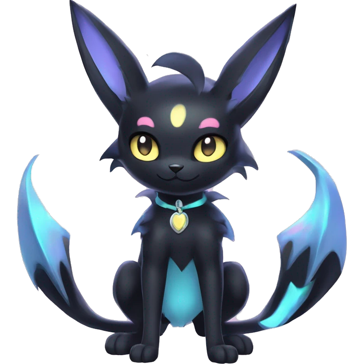 Shiny Cool Edgy pastel Black beautiful ethereal fantasy Kawaii Sona Umbreon-Noibat-Litten-Fakemon-cat-animal with edgy bat-ears black mane vtuber model Full Body emoji