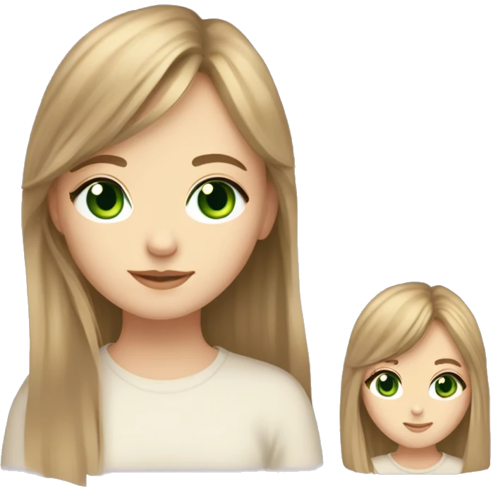 pale girl with light brown hair and curtain bangs and long hair with layers and green eyes and shes sorta india al emoji