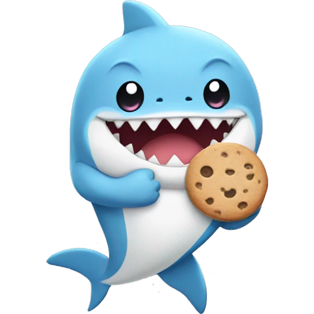 cute anime fluffy shark with paws, feet and a tail, holding a cookie emoji