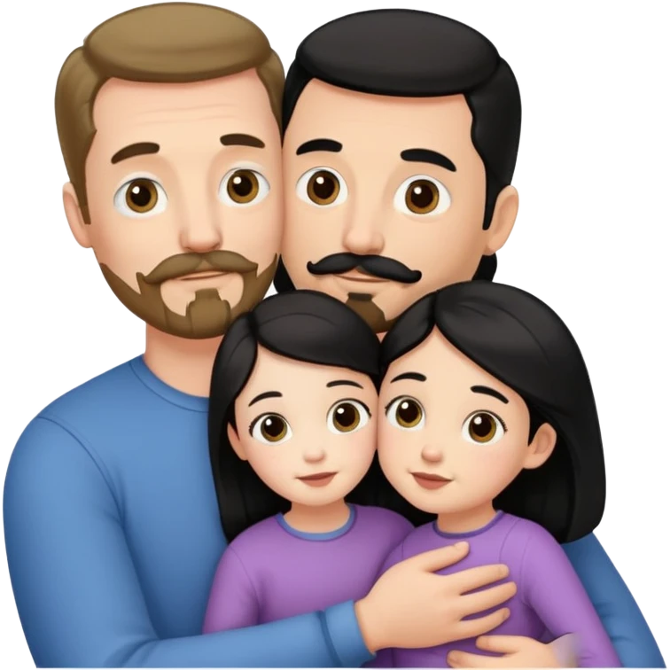Tall white man with brown mustache and goatee hugging a short pale woman with long black hair holding daughter emoji
