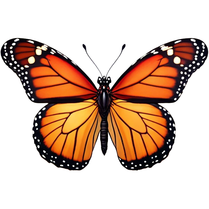 Cinematic Realistic Noble monarch Butterfly Portrait Emoji, Poised and elegant, with delicate, translucent wings rendered in rich ruby and scarlet hues, a slender, graceful body with intricately detailed textures, and soft, reflective eyes, illuminated by natural light, high shine, intelligent and regal, styled with an air of refined natural splendor, focused and attentive, soft glowing outline, capturing the essence of a watchful and confident monarch butterfly that appears to emerge majestically from the screen! emoji