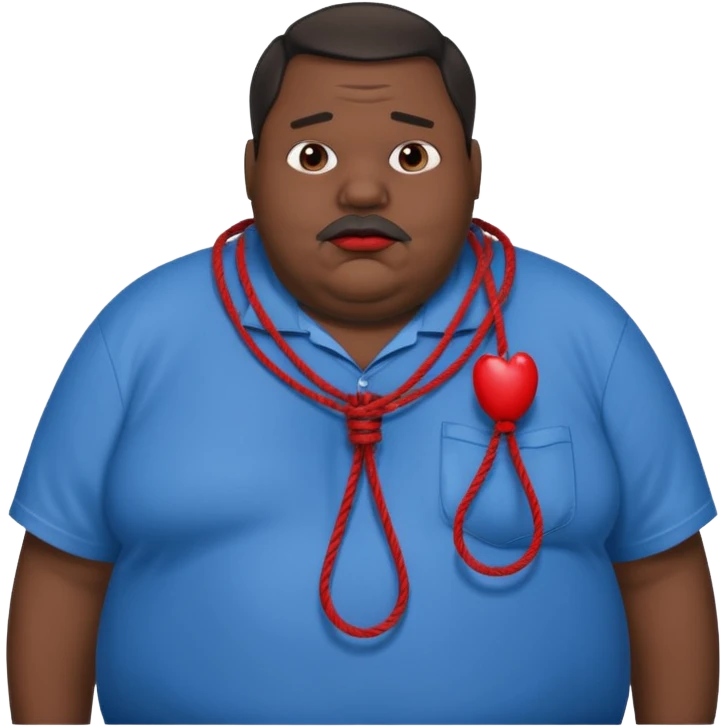 an extremely obese man with extremely dark skin and giant red lips wearing a blue-and-gray shirt and a noose around his neck emoji