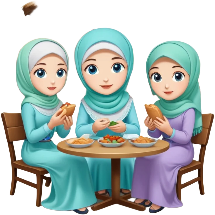 Turkish beautiful finish Konya girls blue eyes with lovely mint hijab long tail dress and the two friends sits on the chair on the ground and eating the food in the restaurant  emoji