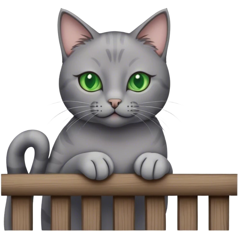 grey cat on a wooden balcony railing emoji