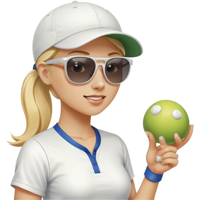Woman with blond hair in a ponytail wearing a white baseball cap and sunglasses and holding a pickleball emoji