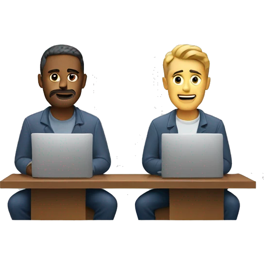 two men. One is sitting in front of a computer, and the other one is calling emoji