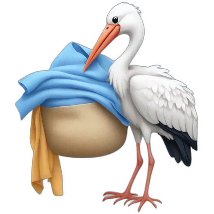 White stork carrying a blue bundle of cloth in its beak that has a human baby with and the human baby head is peeking from the fabric bundle the strok is carrying with its beak emoji
