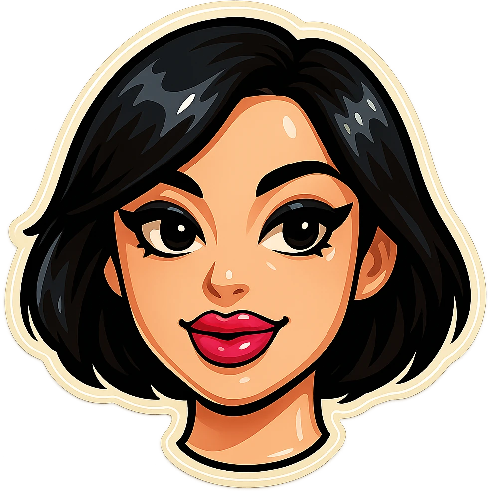 Create a Telegram-style sticker of Samsung Sam with black bob haircut, gothic makeup, and plump pink lips. Preserve the expressiveness of the face and keep a clean background. emoji