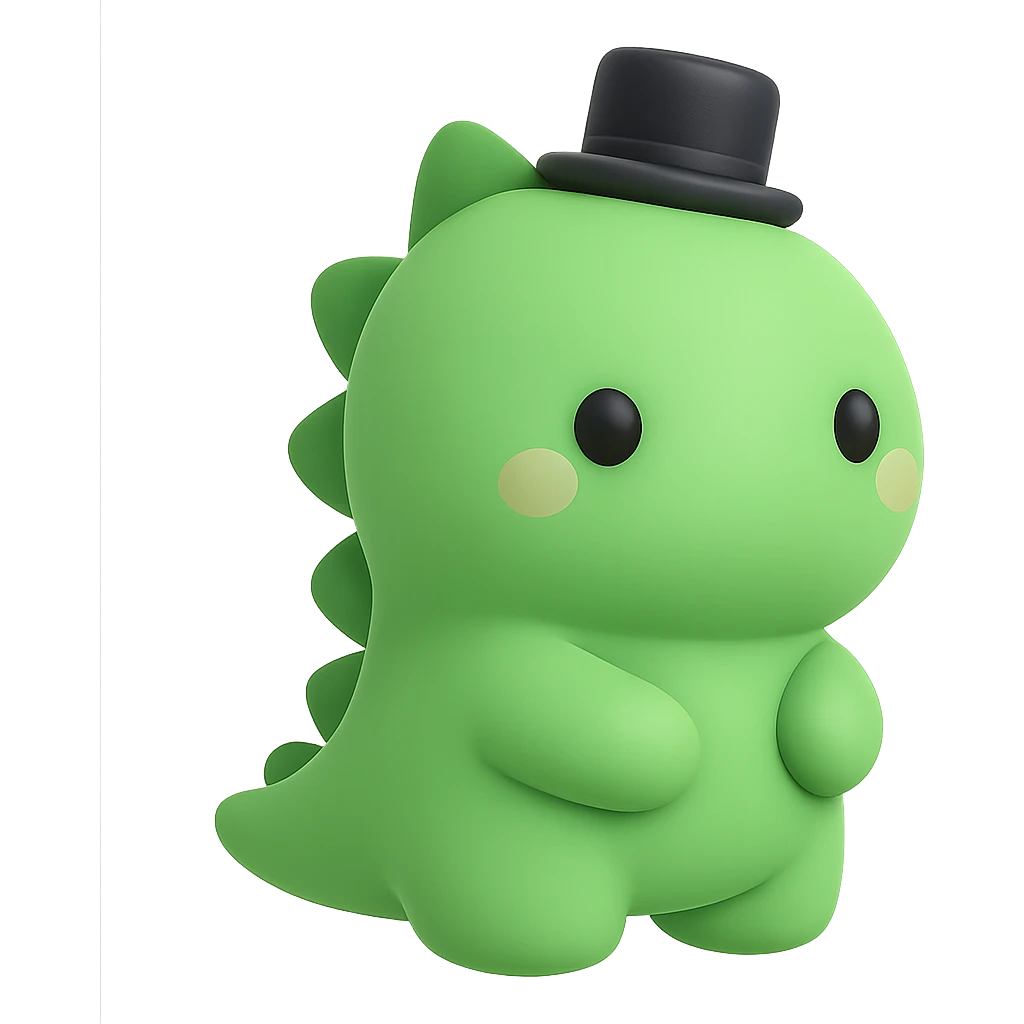 A cute little green dinosaur wearing a small top hat emoji