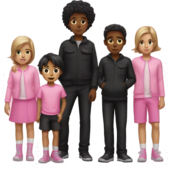  two boy wearing pink and a girl standing between boys in black out fits. emoji