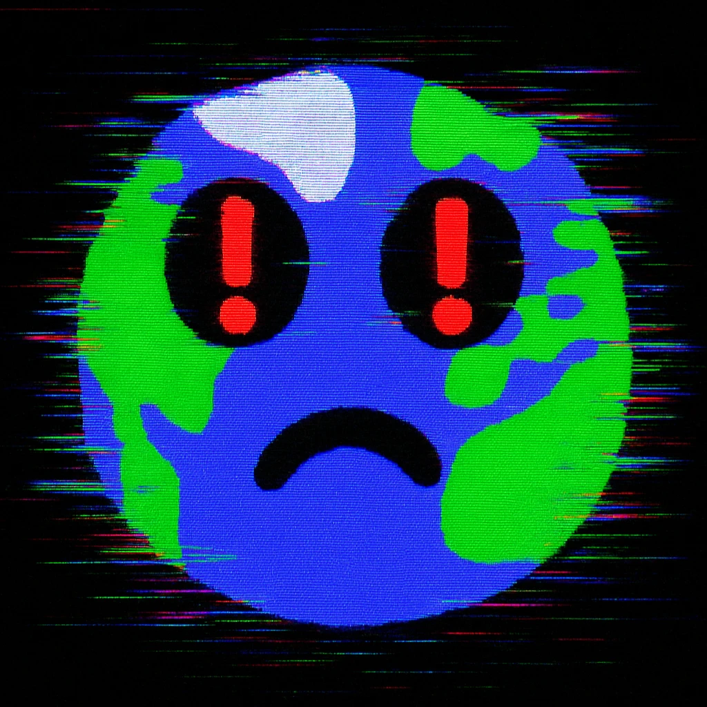 Keep all colors and style the same as the original emoji. Make the exclamation marks in the eyes much more visible and pronounced. Add glitch effects and digital distortion around the emoji character while preserving the original look and feel. emoji