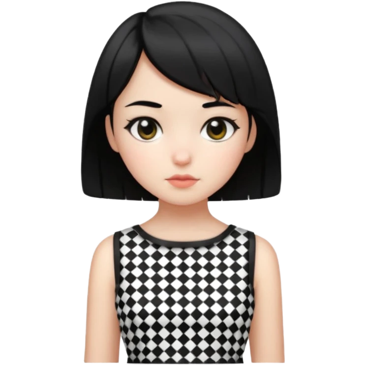 ایموجی دختری با پوست سفید و موهای کوتاه و چشمای مشکی با لباس شطرنجی سیاه و سفید emoji