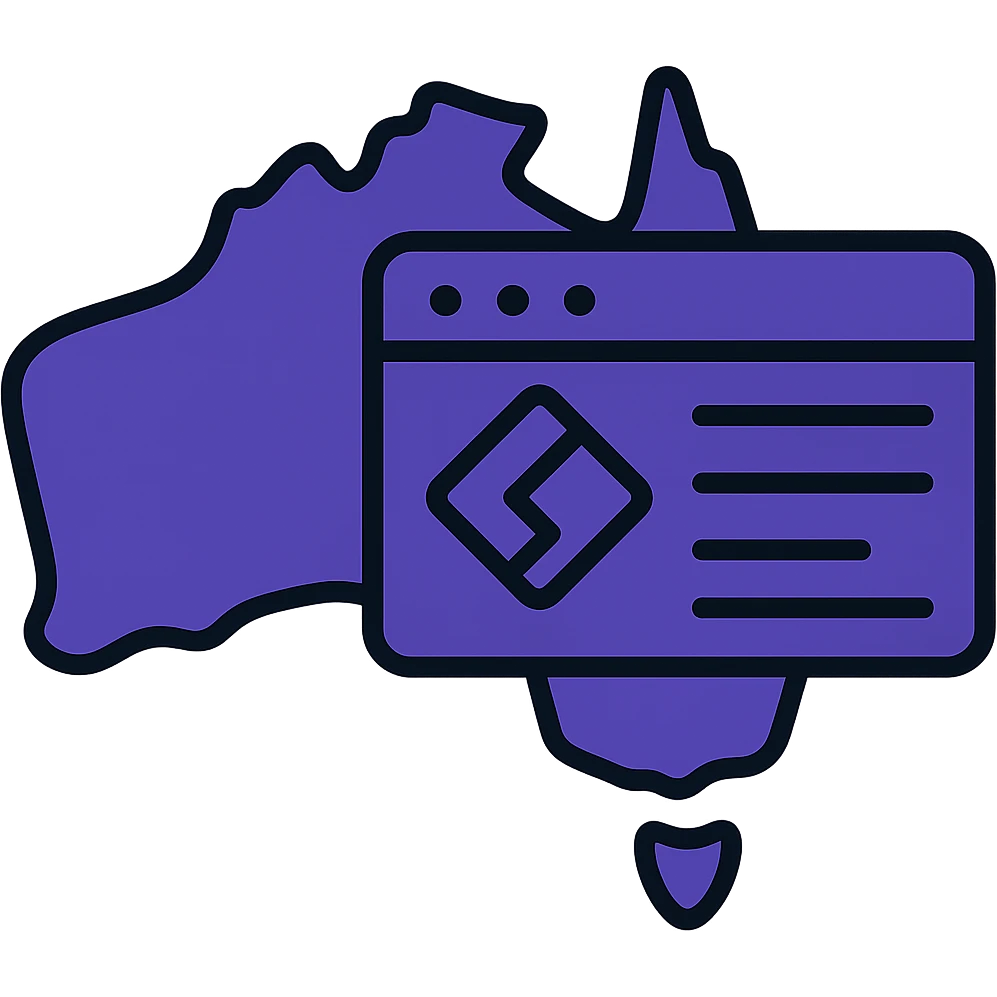 Integrate the official Microsoft Power Pages icon prominently into the map of Australia with digital web page overlay, use #403DAD as the main color, keep the modern and techy look, no text emoji