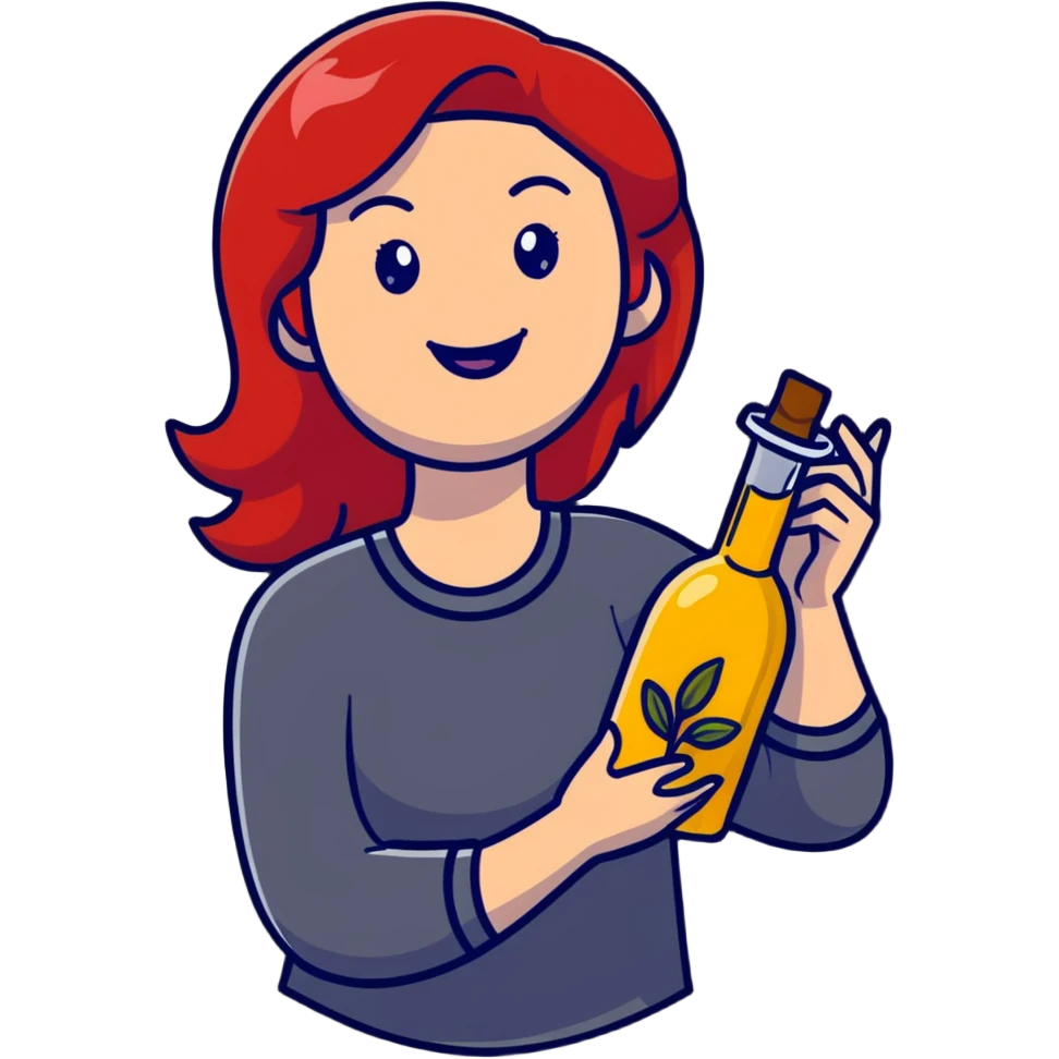redhead woman with big smile holding olive oil bottle emoji