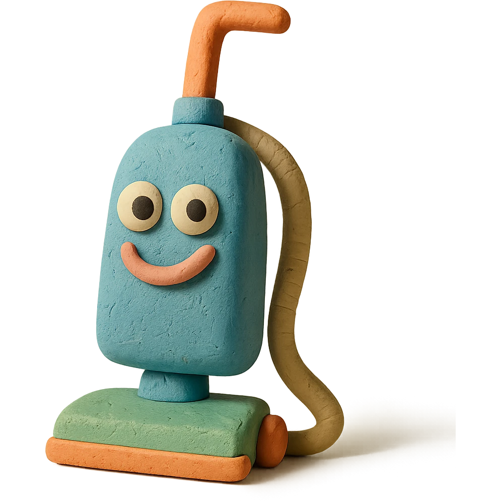 close-up of a playful upright vacuum with an expressive face in claymation style, pastel colors, detailed clay texture emoji