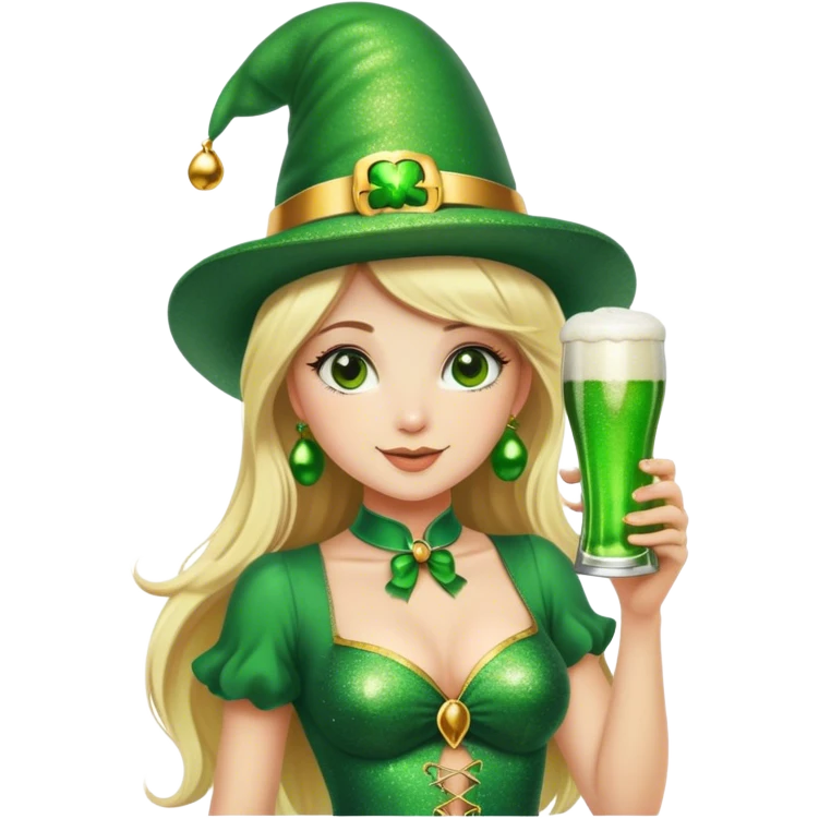 Blonde haired pretty woman in glittery green bell bottoms and tall leprechaun hat holding a green beer emoji